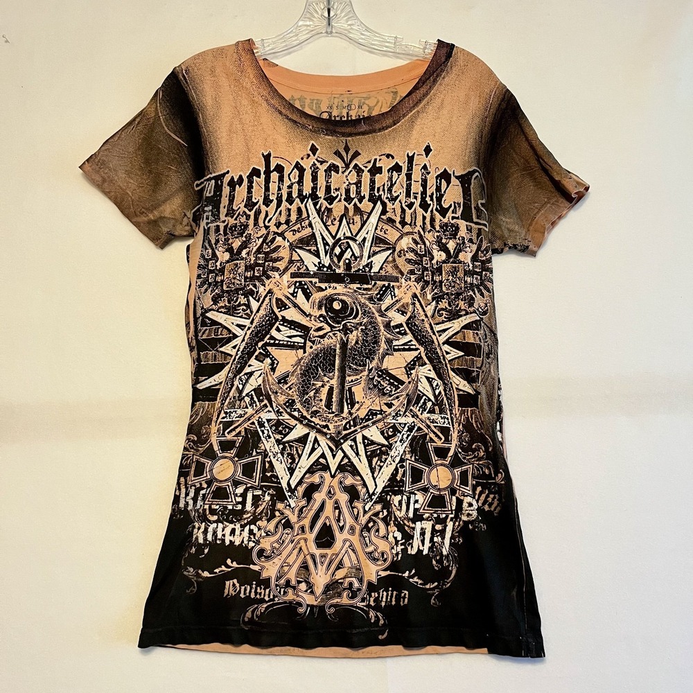 Affliction Archaic Crew Neck Shirt Rhinestone Y2K Grunge Biker Graphic